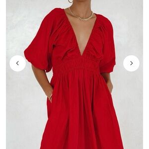 Red Cotton Maxi V-Neck Dress, NWT
